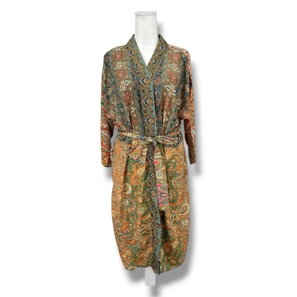 Lunas Vintage Silk Blend Kimono Robe Duster OS Boho Paisley Belted Fairy Earthy